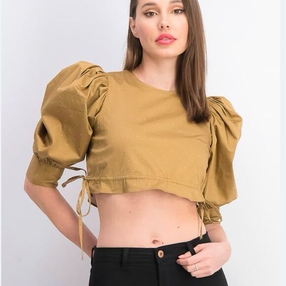 Danielle Nicole Tops - Danielle Bernstein Women Bishop puff Sleeve Top, Beige Dot